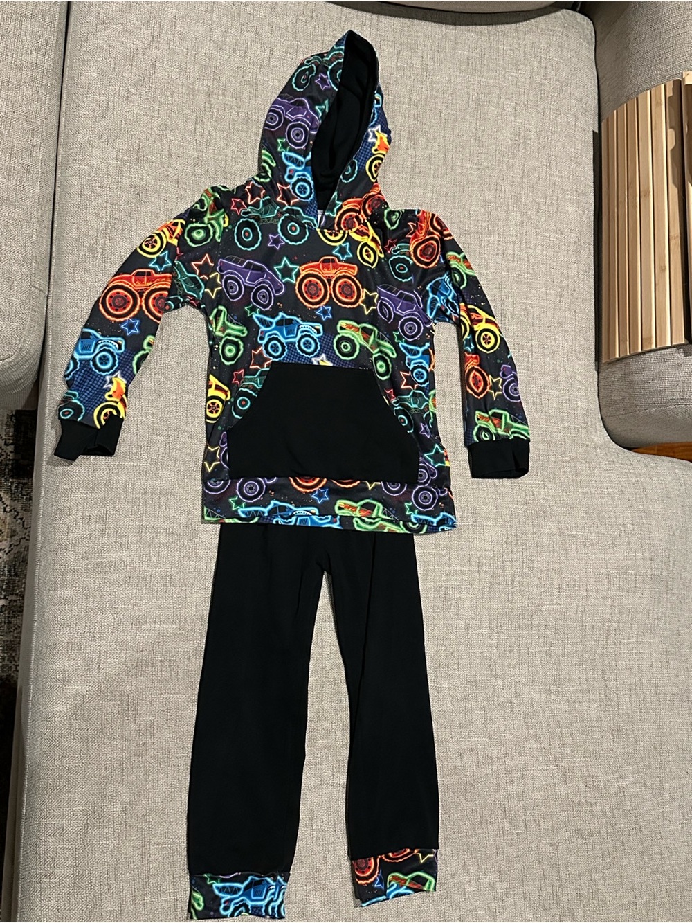 Kids Neon Monster Truck Hoodie & Pants Set - Black Multicolor